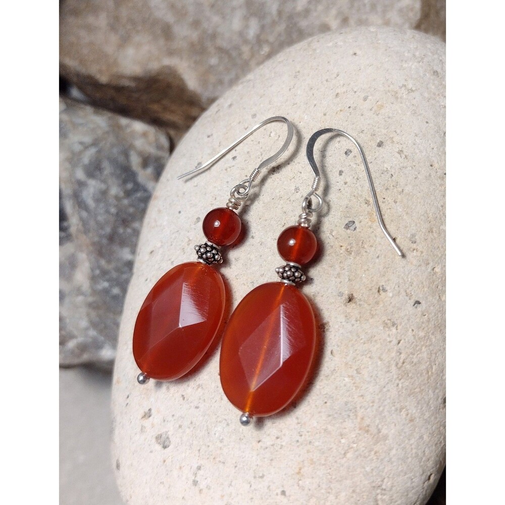 Carnelian Facet Bead Sterling Silver Dangle Earrings Vintage